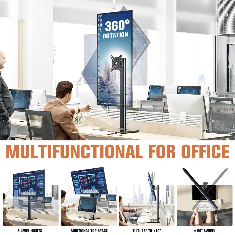 Hemudu Single Monitor Stand Freestanding 27-43 Inch Monitor Arm Curved Screen Monitor Mount Tempered Glass Base Adjustable Motion Tilt -15Â° to 10Â° Swivel Â±45Â° Rotation 360Â° Weight Capacity 77lbs HT05B-003 - Image 3