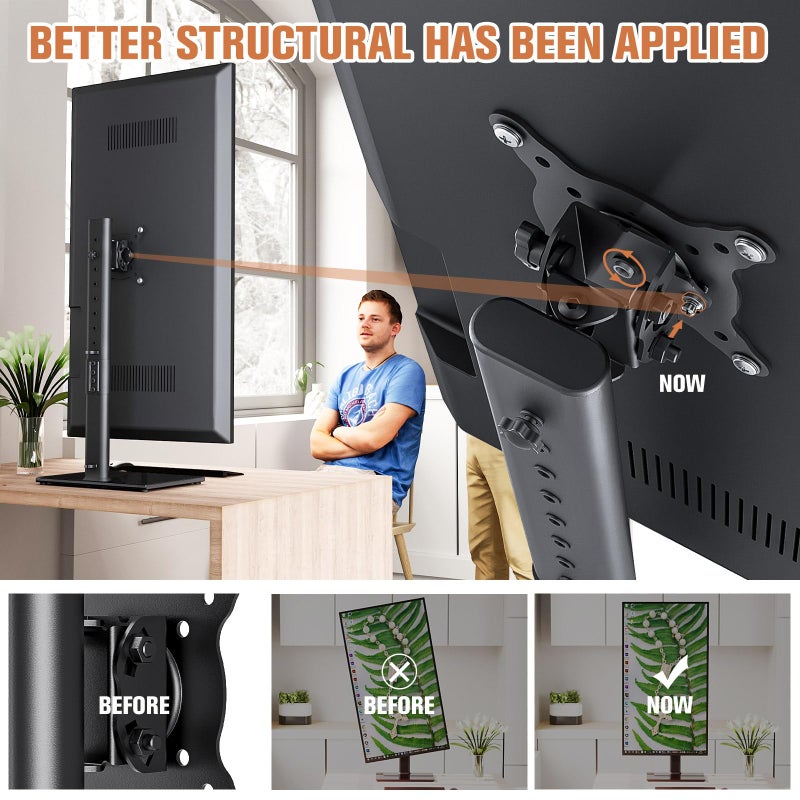Hemudu Single Monitor Stand Freestanding 27-43 Inch Monitor Arm Curved Screen Monitor Mount Tempered Glass Base Adjustable Motion Tilt -15Â° to 10Â° Swivel Â±45Â° Rotation 360Â° Weight Capacity 77lbs HT05B-003 - Image 2