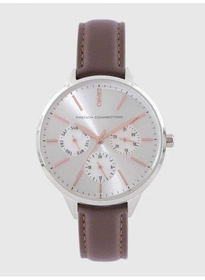 French Connection Women's Silver Dial Brown Leather Strap Analog Watch 36.5mm - Image 1