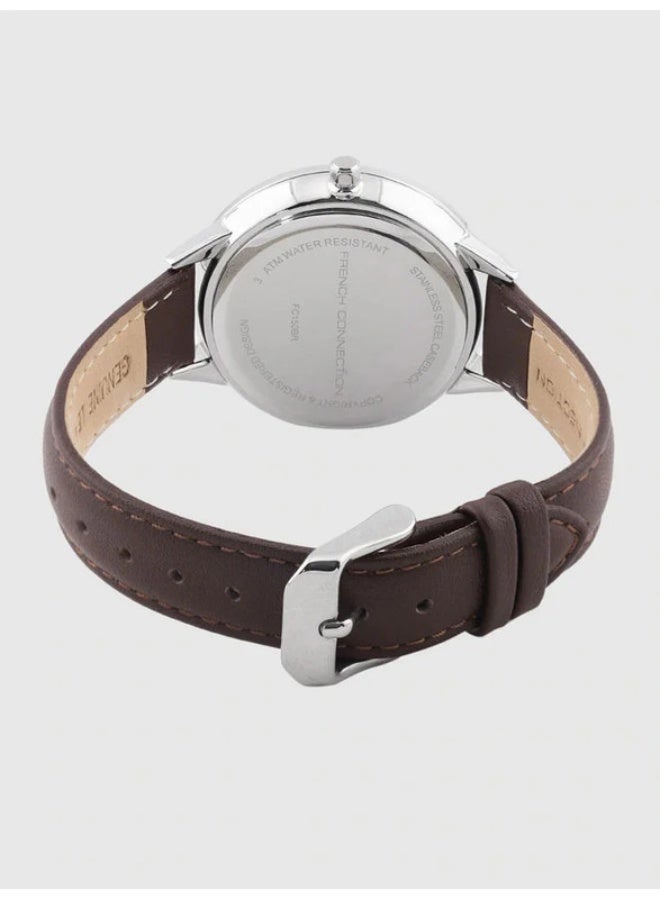 French Connection Women's Silver Dial Brown Leather Strap Analog Watch 36.5mm - Image 3