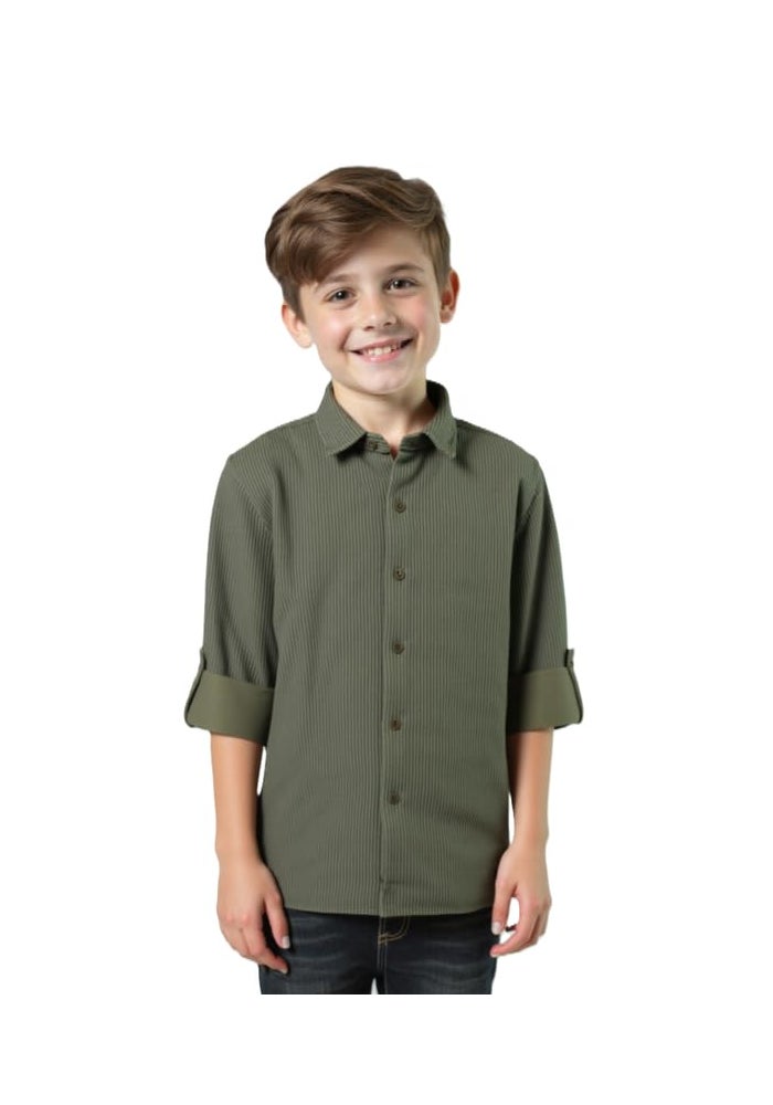 CAVIO Boys Spread Collar Full Sleeves Plain Shirt in Green - Image 1