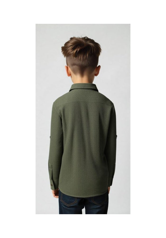 CAVIO Boys Spread Collar Full Sleeves Plain Shirt in Green - Image 2