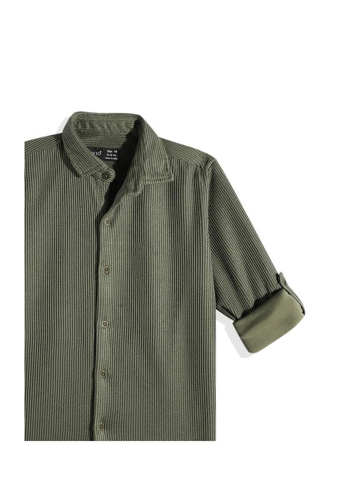 CAVIO Boys Spread Collar Full Sleeves Plain Shirt in Green - Image 5