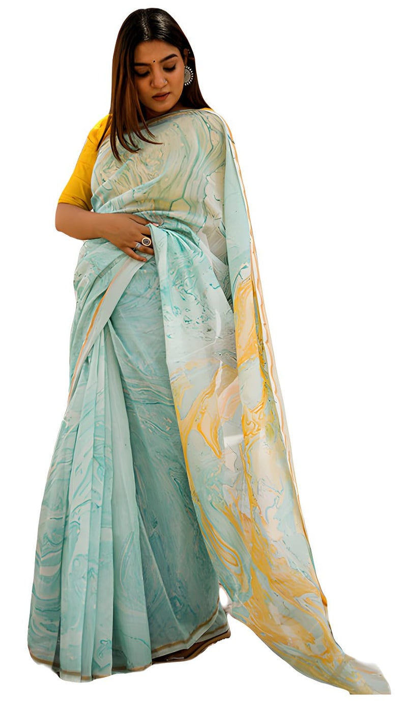 Sidhidata Women's Seagreen Floral Printed Linen Cotton Saree with Unstitched Blouse Piece - Image 1