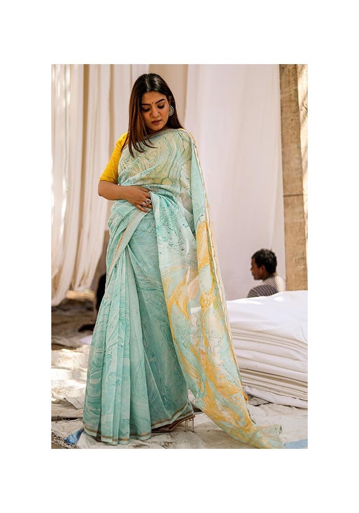 Sidhidata Women's Seagreen Floral Printed Linen Cotton Saree with Unstitched Blouse Piece - Image 5