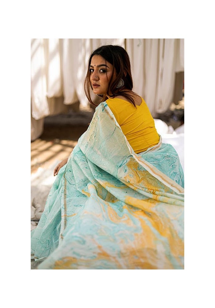 Sidhidata Women's Seagreen Floral Printed Linen Cotton Saree with Unstitched Blouse Piece - Image 4
