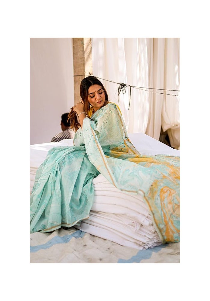 Sidhidata Women's Seagreen Floral Printed Linen Cotton Saree with Unstitched Blouse Piece - Image 2