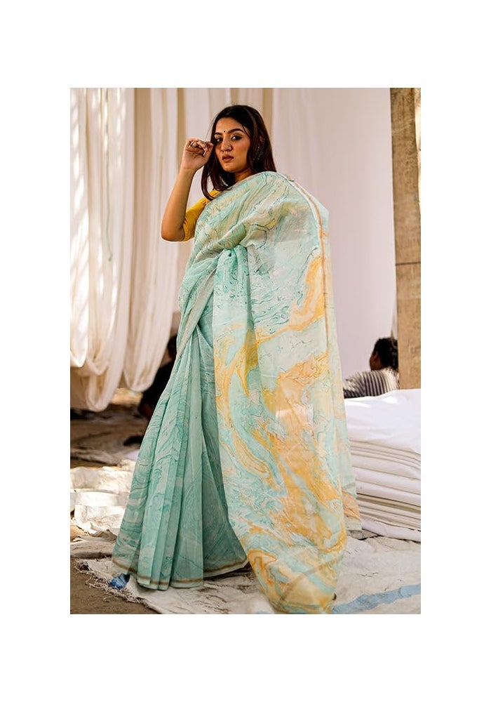 Sidhidata Women's Seagreen Floral Printed Linen Cotton Saree with Unstitched Blouse Piece - Image 3