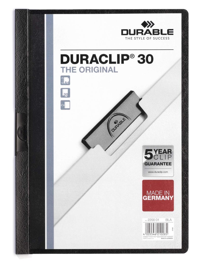 ديورابل مجلد ملفات DURACLIP® 30 A4 – مجلد بلاستيكي نحيف للمستندات A4، مشبك فولاذي زنبركي يحفظ 1–30 ورقة، غطاء شفاف أمامي وظهر ملون، لا حاجة للثقب، ضمان 5 سنوات على المشبك - Image 1