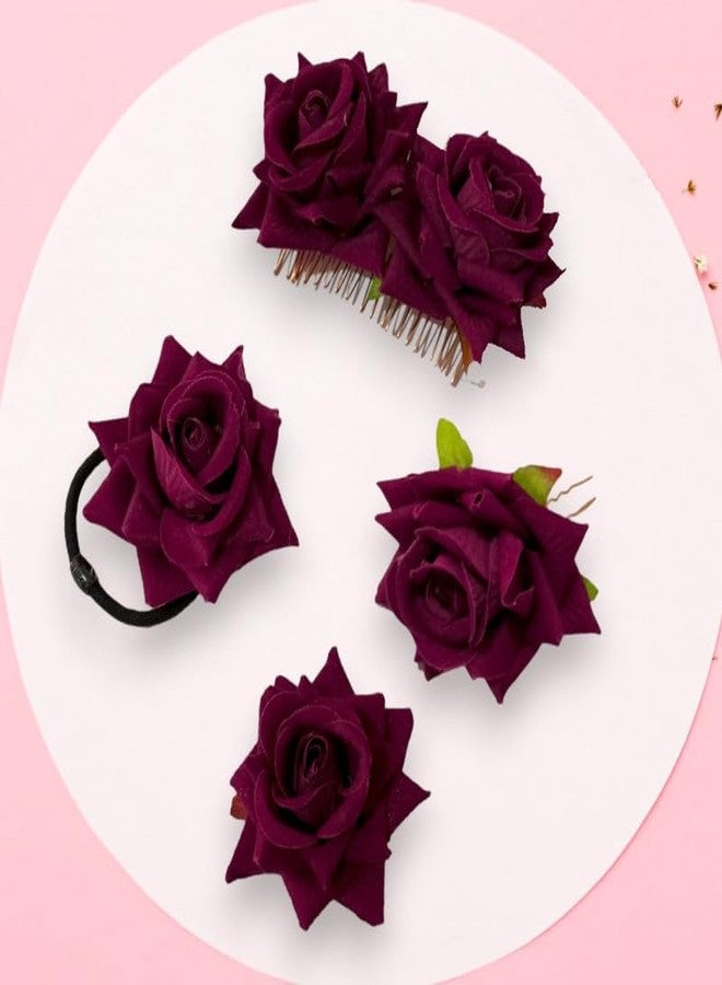 Hair Flare Rose Hair Accessories Combo Pack, 1 Rubber Band, 1 Comb Slide, 1 Hair Clip, 1 Hair Pin_2479_Maroon - Image 5