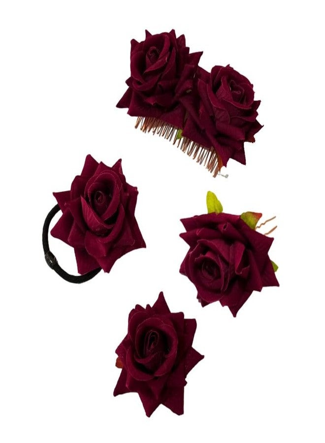 Hair Flare Rose Hair Accessories Combo Pack, 1 Rubber Band, 1 Comb Slide, 1 Hair Clip, 1 Hair Pin_2479_Maroon - Image 1