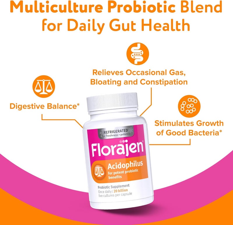 Florajen Acidophilus High Potency Probiotic Supplement - 60 Capsules with 20 Billion CFUs for Immune and Digestive Health - Image 2