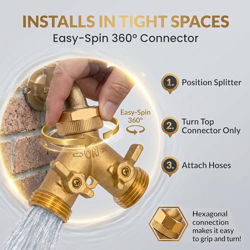 Morvat Brass HeavyDuty Garden Hose Water Splitter LEADFREE 2Way Y Splitter for Water Spigot Faucet Manifold Connector ONOFF Valves wImproved Comfort Grip 3 Extra Washers Teflon Tape - Image 3