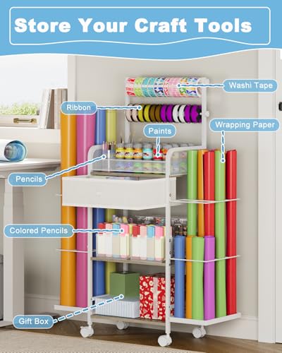 Rsaayekkt Wrapping Paper Storage Cart with Wheels, Rolling Gift Wrap Station with Fabric Drawer and Ribbon Holder, Metal Rolling Craft Cart, Craft Organizers and Storage Christmas - Image 4