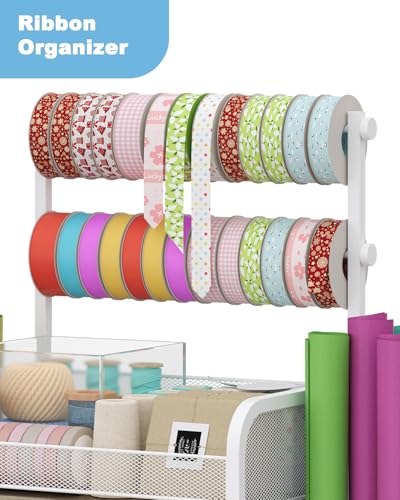 Rsaayekkt Wrapping Paper Storage Cart with Wheels, Rolling Gift Wrap Station with Fabric Drawer and Ribbon Holder, Metal Rolling Craft Cart, Craft Organizers and Storage Christmas - Image 2