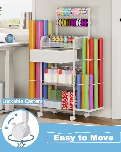 Rsaayekkt Wrapping Paper Storage Cart with Wheels, Rolling Gift Wrap Station with Fabric Drawer and Ribbon Holder, Metal Rolling Craft Cart, Craft Organizers and Storage Christmas - Image 5
