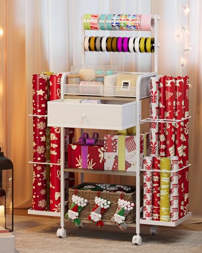 Rsaayekkt Wrapping Paper Storage Cart with Wheels, Rolling Gift Wrap Station with Fabric Drawer and Ribbon Holder, Metal Rolling Craft Cart, Craft Organizers and Storage Christmas - Image 1
