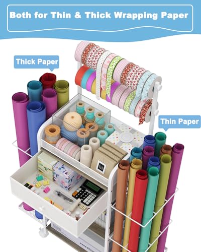 Rsaayekkt Wrapping Paper Storage Cart with Wheels, Rolling Gift Wrap Station with Fabric Drawer and Ribbon Holder, Metal Rolling Craft Cart, Craft Organizers and Storage Christmas - Image 3