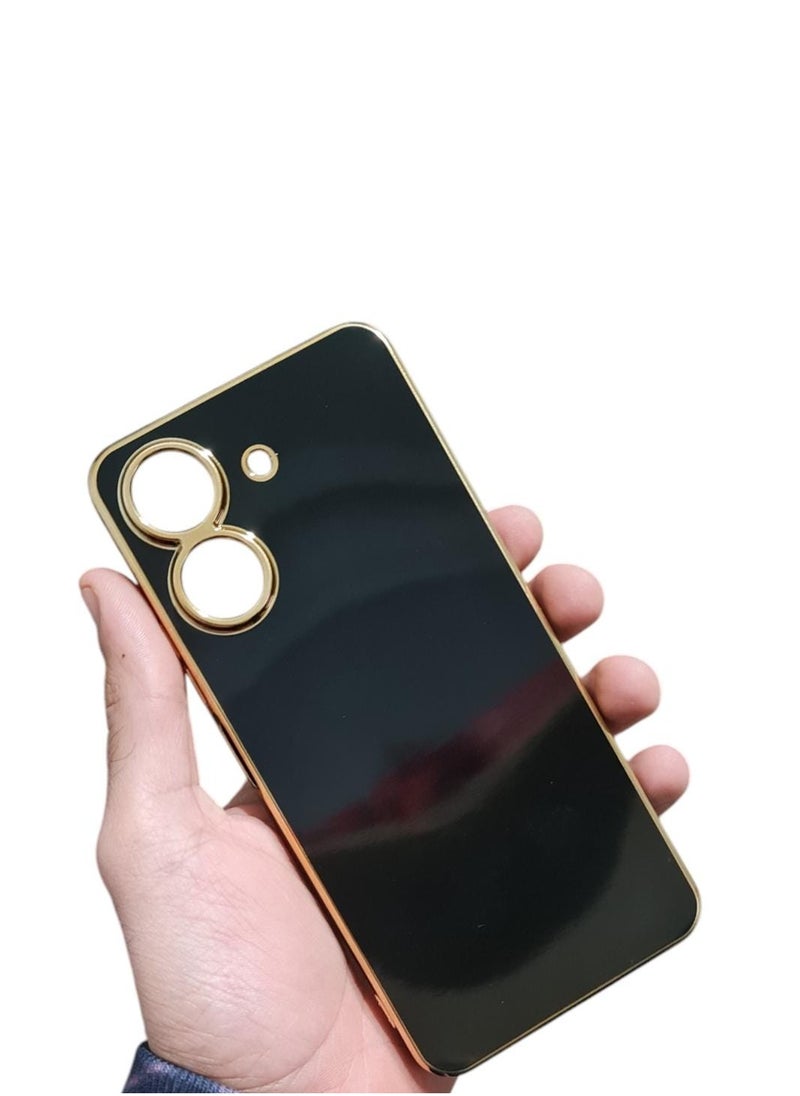 Generic Redmi 13C 5G Plating Square Gold Frame Phone Case Luxury Soft Silicone Back Cover for Redmi 13C 5G (Black) 