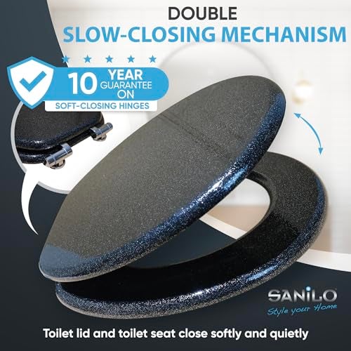SANILO Wooden Toilet Seat with Soft Close [ROUND] - Decorative, Quiet & Slow Close Molded Wood Seat - With Strong Bumpers & Hinges - Adjustable Fit – Glittering Black - Image 3