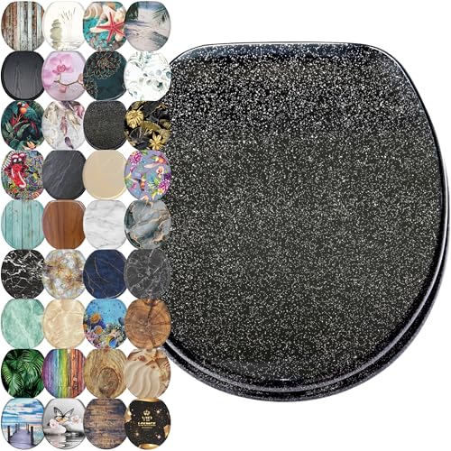 SANILO Wooden Toilet Seat with Soft Close [ROUND] - Decorative, Quiet & Slow Close Molded Wood Seat - With Strong Bumpers & Hinges - Adjustable Fit – Glittering Black - Image 1