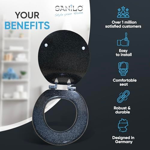 SANILO Wooden Toilet Seat with Soft Close [ROUND] - Decorative, Quiet & Slow Close Molded Wood Seat - With Strong Bumpers & Hinges - Adjustable Fit – Glittering Black - Image 2