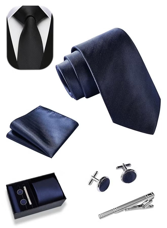 Risen Ties for Men Set with Pocket Square Cufflink and Tie Clip, Necktie Handkerchief in Gift Box for Wedding and Business(Navy Blue) - Image 1