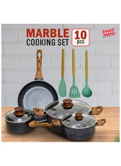 Sweet Home Sweet Home 10 Pcs Marble Non-Stick Cookware Set PFOA Free With Heat Resistant Handles & Transparent Glass Lids Granite Finish & Induction Base Cooking Set  - Image 1