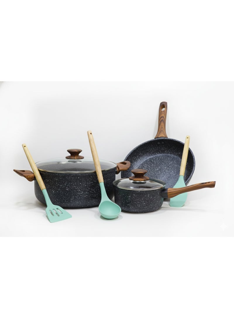 Sweet Home 10 Pcs Marble Non-Stick Cookware Set PFOA Free With Heat Resistant Handles & Transparent Glass Lids Granite Finish & Induction Base Cooking Set - Image 5