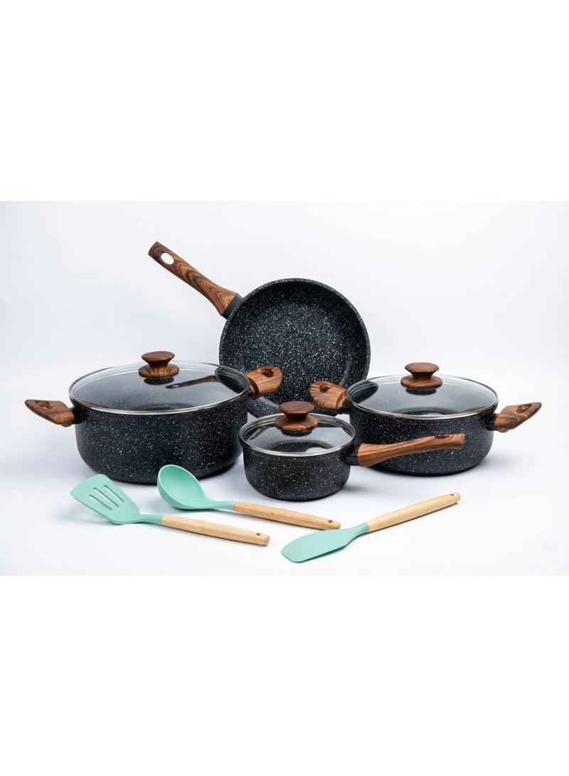 Sweet Home 10 Pcs Marble Non-Stick Cookware Set PFOA Free With Heat Resistant Handles & Transparent Glass Lids Granite Finish & Induction Base Cooking Set - Image 1