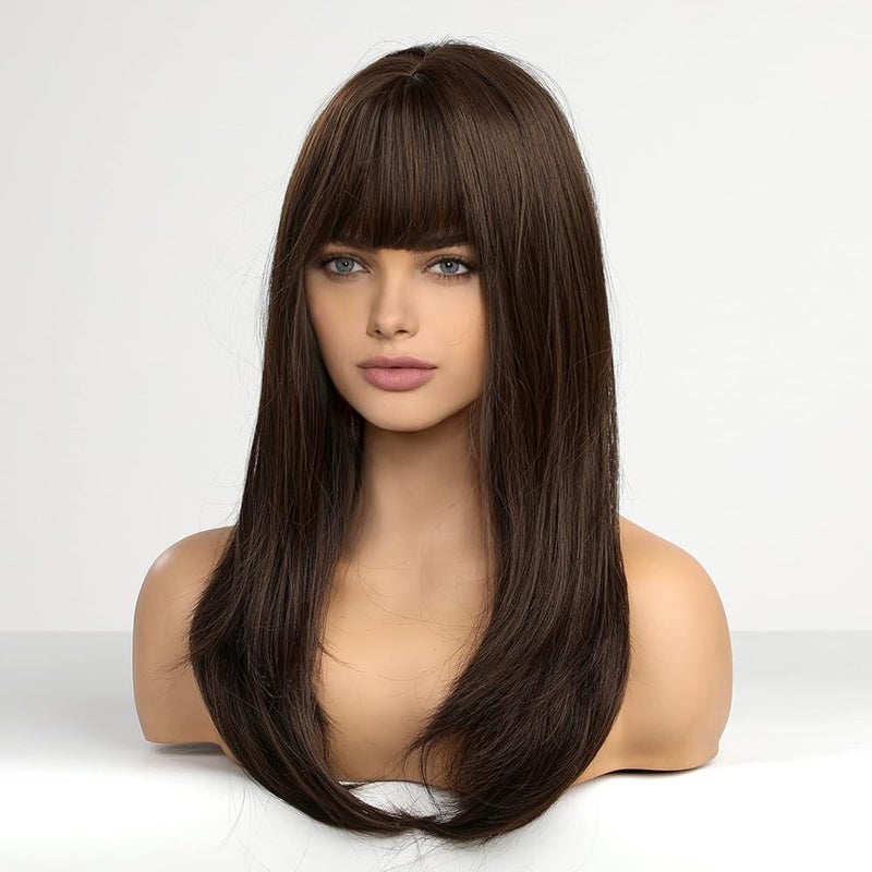 اي سي اي اف باروكات شعر صناعي طويلة سوداء للنساء من ECIF، باروكات شعر صناعي بغرة أنيقة للنساء ذوات البشرة البيضاء - Image 4