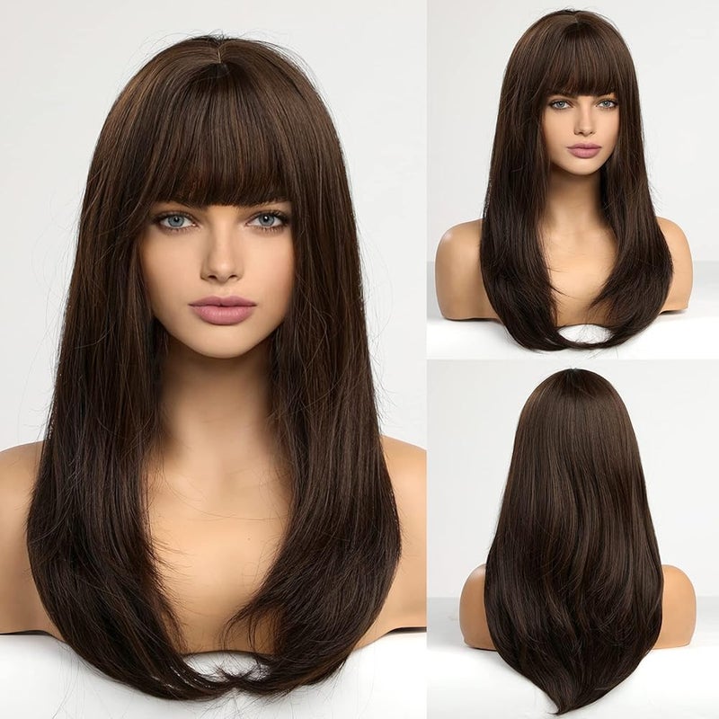 اي سي اي اف باروكات شعر صناعي طويلة سوداء للنساء من ECIF، باروكات شعر صناعي بغرة أنيقة للنساء ذوات البشرة البيضاء - Image 1