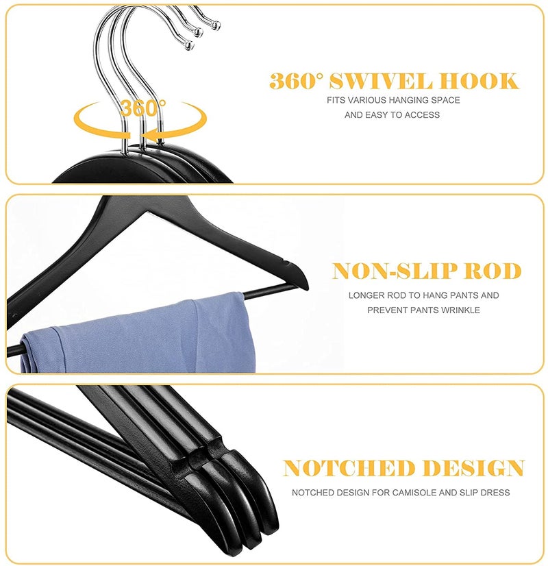 WHISKET Solid Wood Hangers,Premium Wood Hangers with 360-Degree Rotatable Hook and Notches, Natural, Heavy Duty Wood Hangers for Coats, Suits, Jackets, Closet (Black) [ Pack of 12] - Image 3