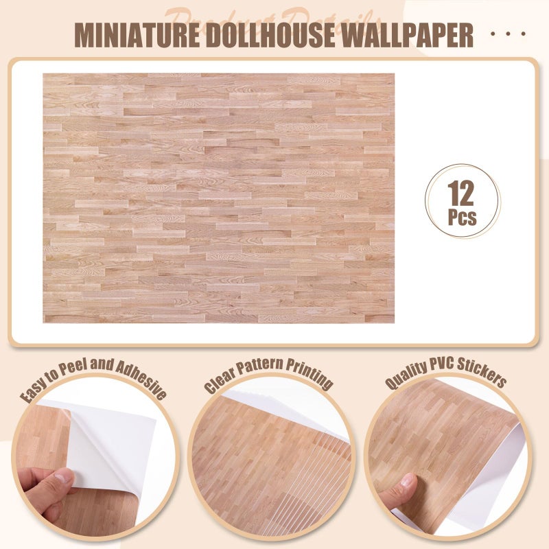 FOBSME 12 Sheets Miniature Dollhouse Wallpaper and Flooring Mini Dollhouse Floorboards Wall Paper Self-Adhesive Flooring Wall Tiles 8.27 x 11.69 Inch Mini DIY Dollhouses Accessories, Natural Style - Image 3