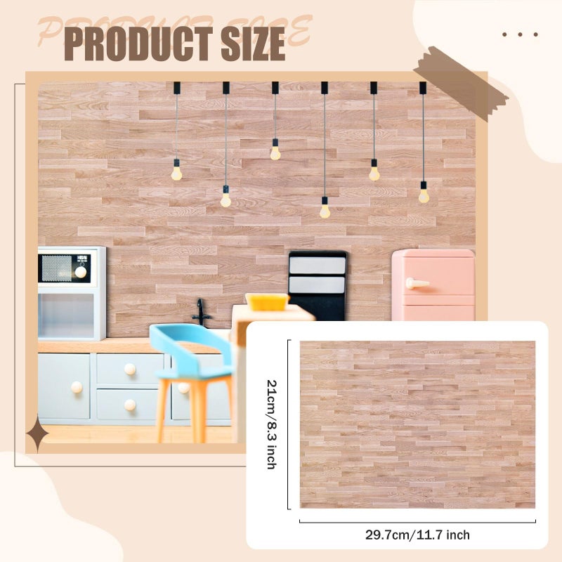 FOBSME 12 Sheets Miniature Dollhouse Wallpaper and Flooring Mini Dollhouse Floorboards Wall Paper Self-Adhesive Flooring Wall Tiles 8.27 x 11.69 Inch Mini DIY Dollhouses Accessories, Natural Style - Image 2