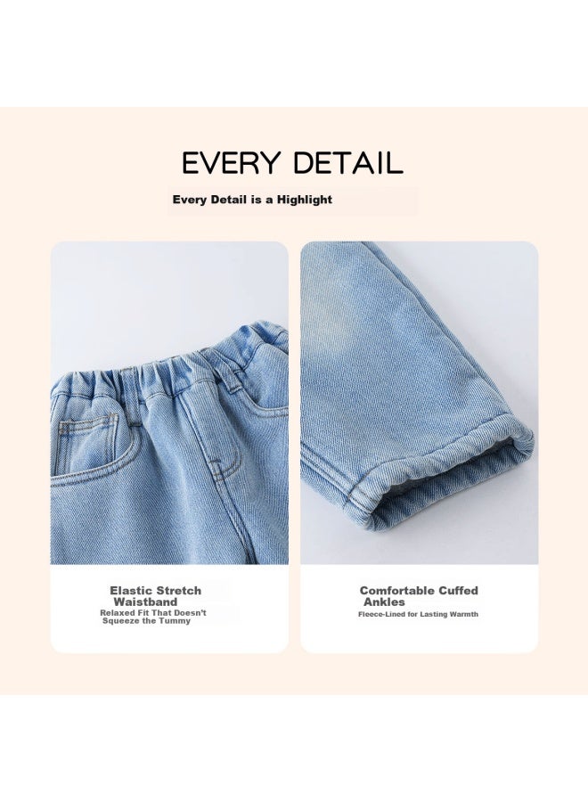 Momoco Boys' Denim Jeans Autumn Winter Fleece Lined Thick Children's Pants Trendy Fashion Jeans