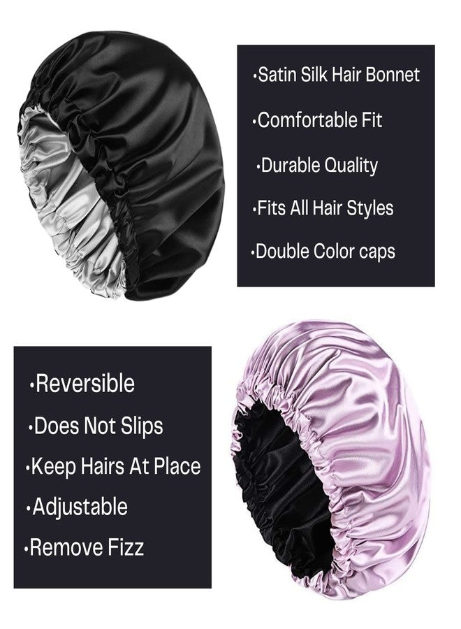 Atrube 2 Pcs Satin Silk Bonnet for Hair with 3 Satin Scrunchies, silk Bonnet for Curly Hair, Adjustable and Reversible Silk Hair Cap for Sleeping| Satin Wraps (Black - Purple) - Image 2