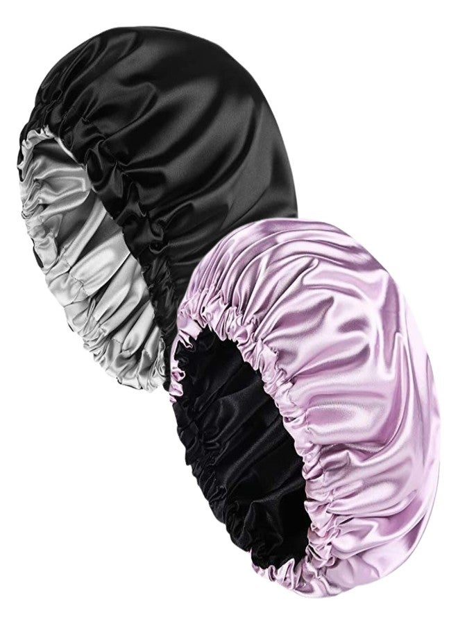 Atrube 2 Pcs Satin Silk Bonnet for Hair with 3 Satin Scrunchies, silk Bonnet for Curly Hair, Adjustable and Reversible Silk Hair Cap for Sleeping| Satin Wraps (Black - Purple) - Image 1