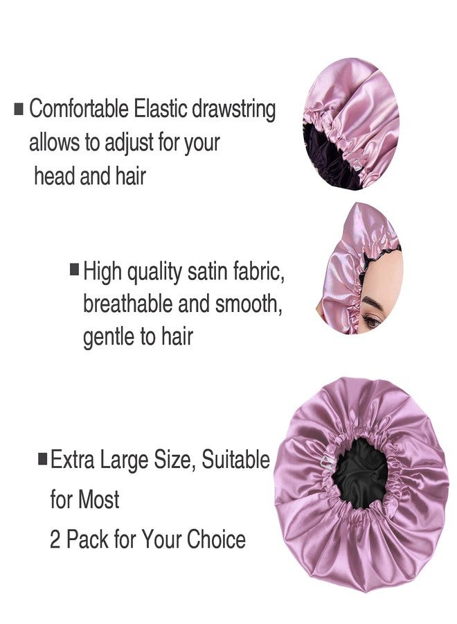 Atrube 2 Pcs Satin Silk Bonnet for Hair with 3 Satin Scrunchies, silk Bonnet for Curly Hair, Adjustable and Reversible Silk Hair Cap for Sleeping| Satin Wraps (Black - Purple) - Image 3