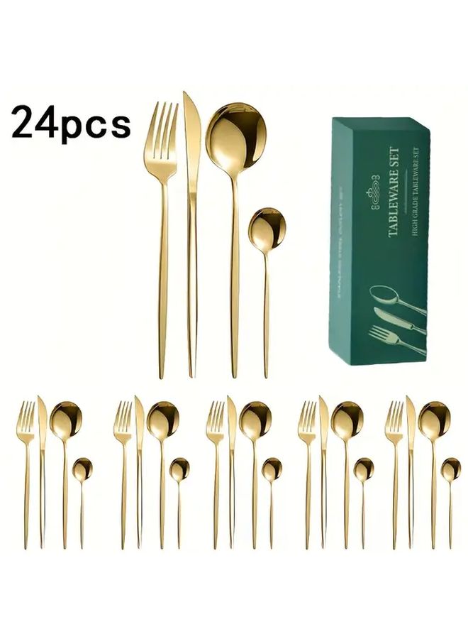 Golden 24pcs Stainless Steel Cutlery Set Dishwasher Safe Durable Elegant Home Wedding - Image 1