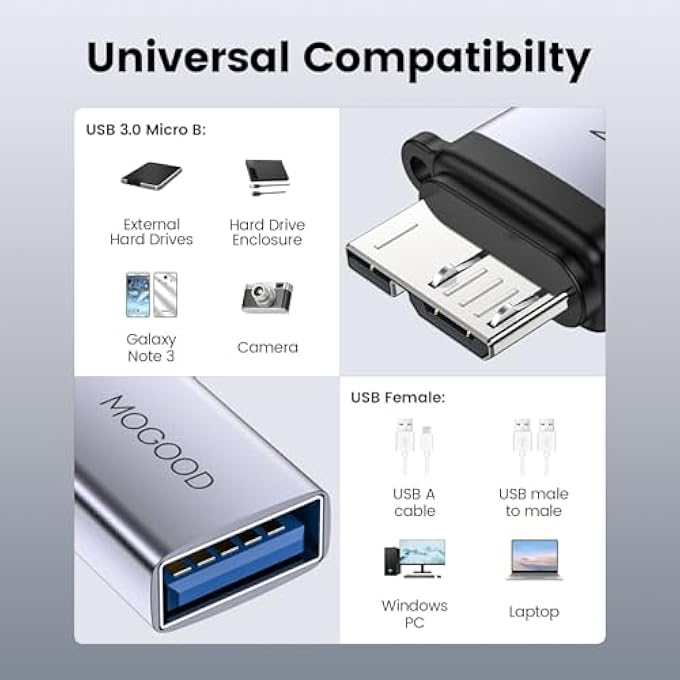 MOGOOD MICRO B MALE TO USB FEMALE ADAPTER, MICRO B TO USB 3.0 FEMALE, MICRO B TO USB FEMALE DATA ADAPTER SHORT CONVERTER ADAPTER FOR COMPUTERS, LAPTOPS, EXTERNAL HARD DRIVES (1 PACK) - Image 2