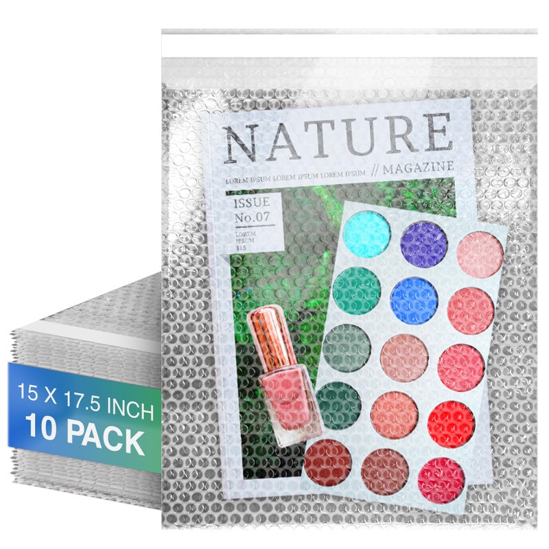 Amiff Clear Bubble Out Bags, 15 x 17.5 Inches. Pack of 10 Self Seal Bubble Pouches. Waterproof Plastic Bags for Fragile Items. Polyethylene Wrap for Glass. Packing Moving Supplies. Self Adhesive Pouch - Image 1