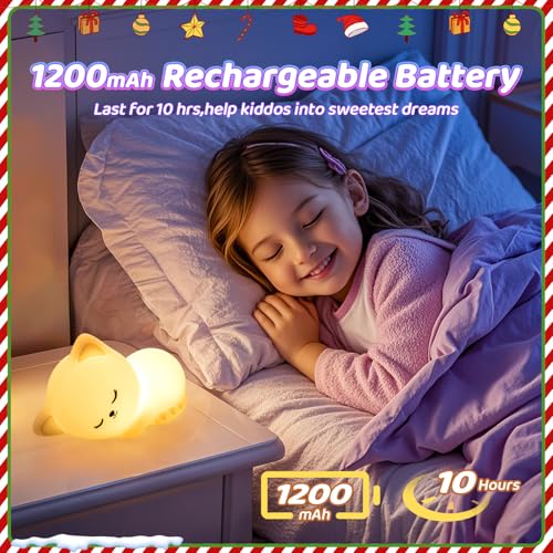 Mubarek Night Light for Kids,16 Colors Cat Lamp Cute Lamp,Dimmable Baby Night Lights for Nursery,Silicone Rechargeable Nightlight for Kids Room,Kawaii Room Decor,Cat Gifts for Girls Gift for 3-6 Year Old Girl - Image 5