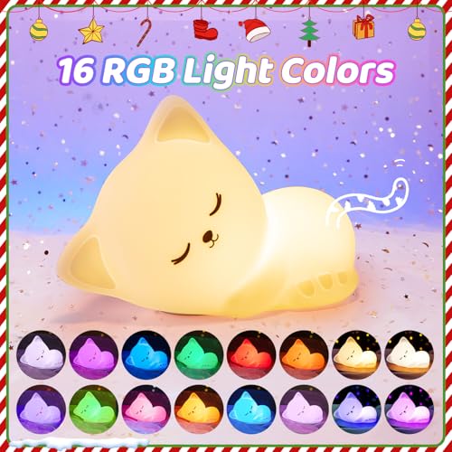 Mubarek Night Light for Kids,16 Colors Cat Lamp Cute Lamp,Dimmable Baby Night Lights for Nursery,Silicone Rechargeable Nightlight for Kids Room,Kawaii Room Decor,Cat Gifts for Girls Gift for 3-6 Year Old Girl - Image 3