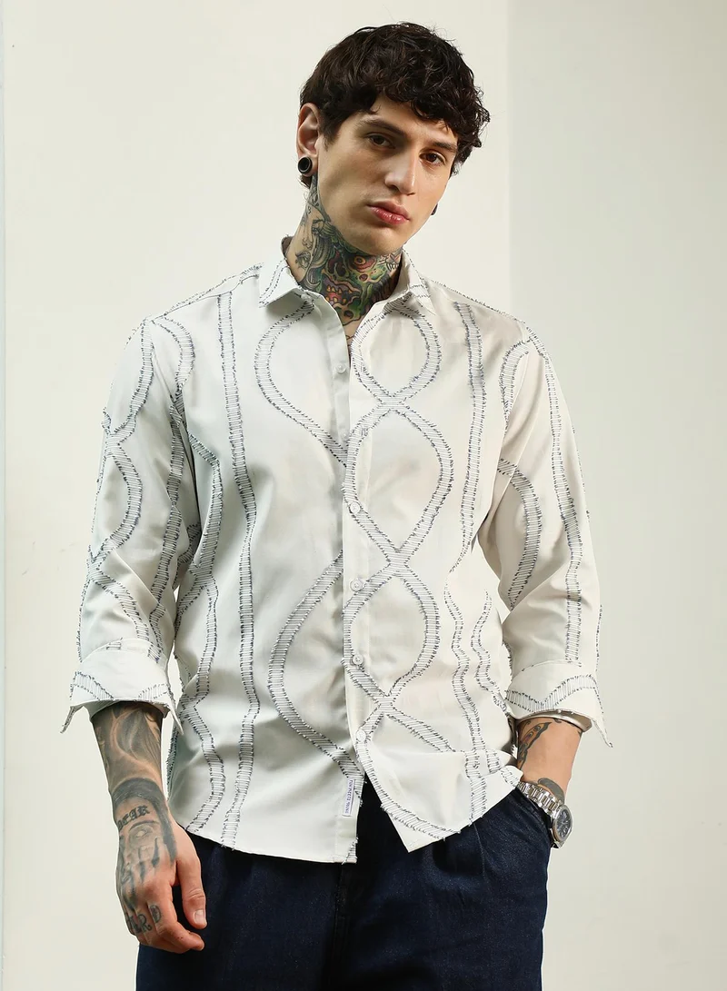 Campus Sutra Men's White Stitched Pattern Shirt - Cotton Polyester Blend