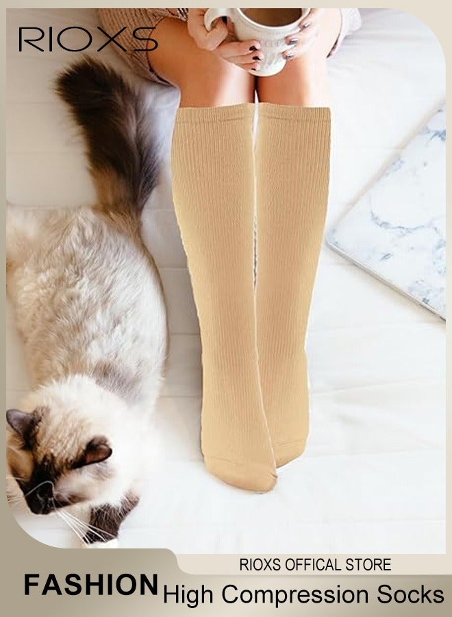 4 Pairs High Compression Socks, Solid Knee High Trouser Socks For Men And Women, Unisex Tall Boot Socks Athletic, Compression Long Stockings, Closed Toe Knee High Stocking for Circulation, Comfy Tights Socks Best Support For Athletic Running Cycling
