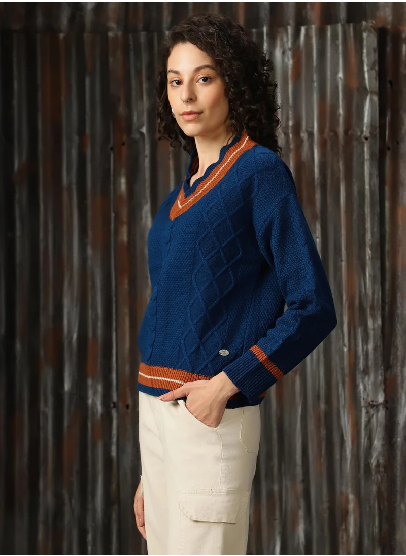 هاي ستار Women's Navy With Light Brown And Marshmellow 100% Acrylic Solid Regular Fit Sweater