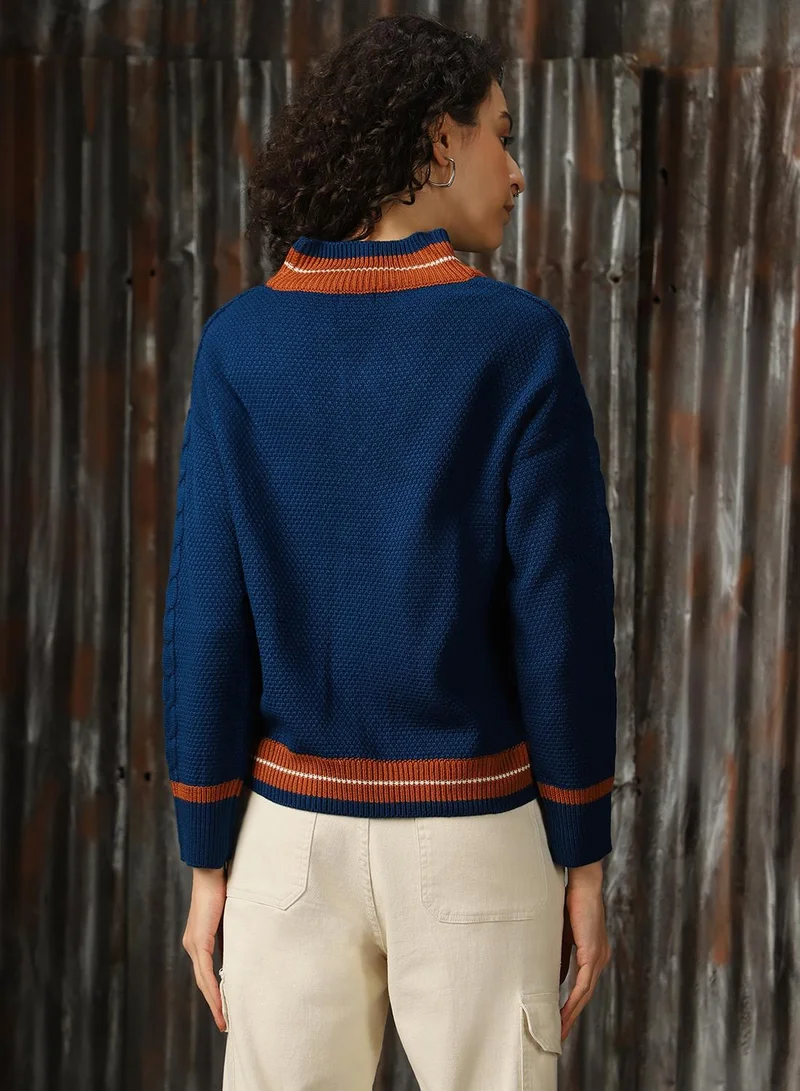 HIGH STAR Women's Navy With Light Brown And Marshmellow 100% Acrylic Solid Regular Fit Sweater