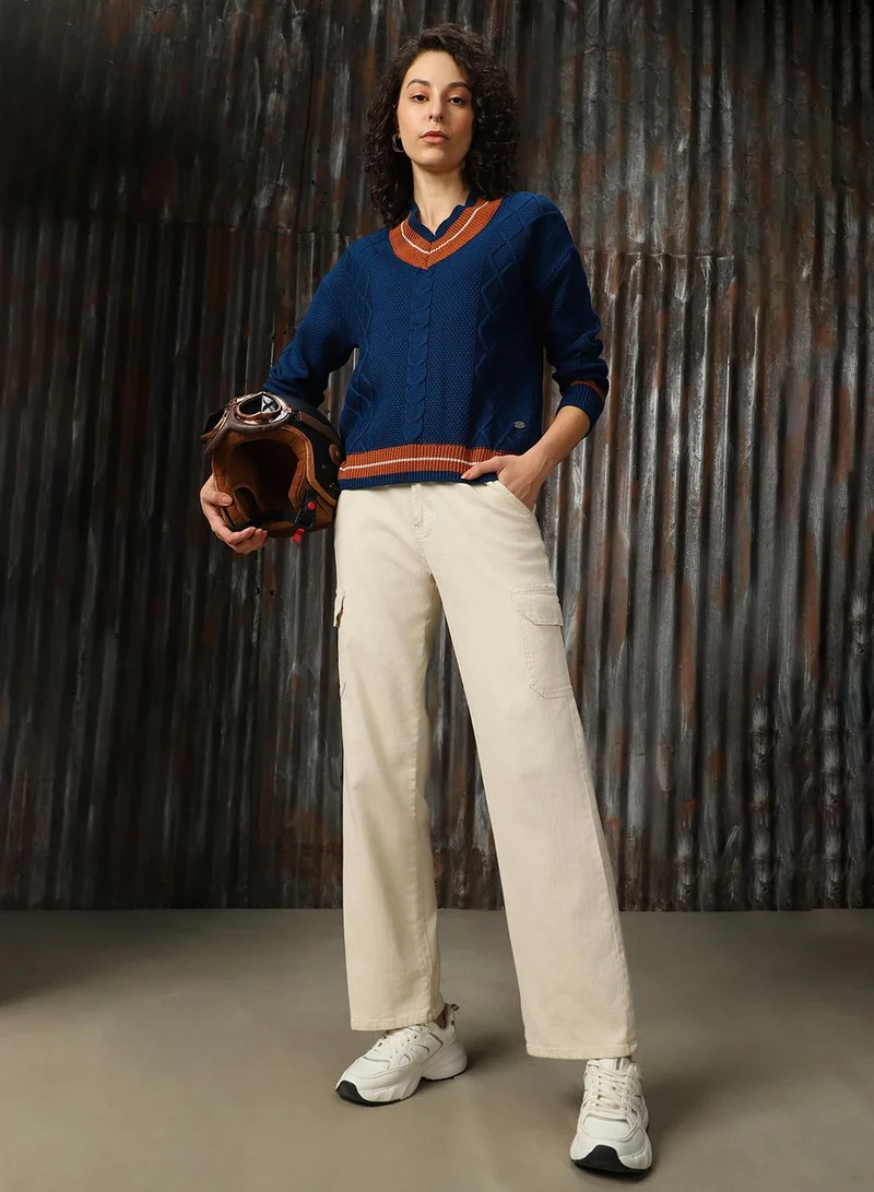 HIGH STAR Women's Navy With Light Brown And Marshmellow 100% Acrylic Solid Regular Fit Sweater