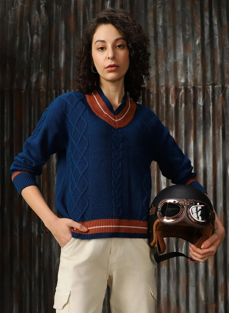HIGH STAR Women's Navy With Light Brown And Marshmellow 100% Acrylic Solid Regular Fit Sweater